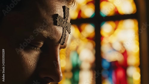 Person with ash cross on forehead in front of stained glass window