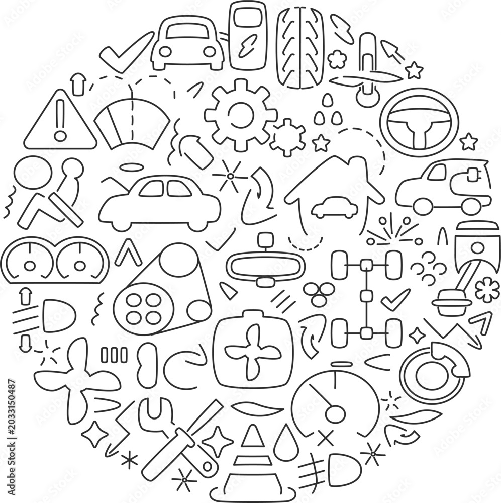 Fototapeta premium Auto Engine Repair Parts Central Circle Cluster Thin Line Icons Editable Stroke