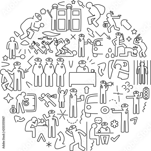 Tableau sur toile Public Security Criminal Arrest Central Circle Cluster Thin Line Icons Editable