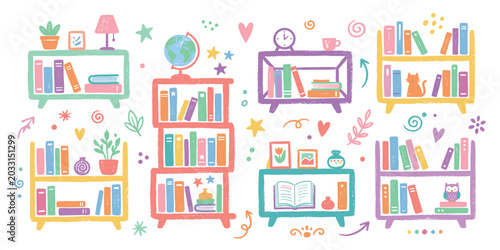 Set of vector hand drawn doodle style bookshelves filled with books and various cute elements illustration.