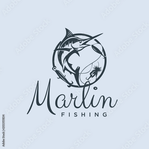 Photography Marlin Fishing Logo: A stylized circular emblem features a leaping marlin amidst fishing lures and flies, symbolizing the thrill of the catch and the allure of deep-sea angling