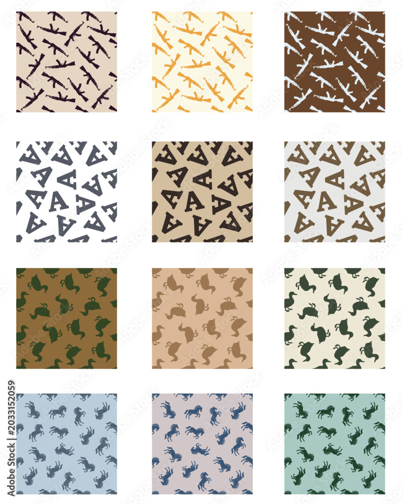 Fototapeta premium Seamless Pattern Collection Rifles Letters Ducks Horses Twelve Colorways