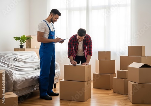 A professional mover and client signing inventory documents in a new home with bright natural lighting.
