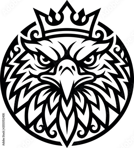 Schilderij op canvas A detailed black and white illustration of an eagle's head wearing a crown,A det