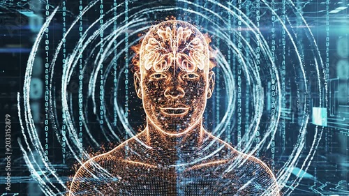 Digital human portrait with glowing brains and binary code
