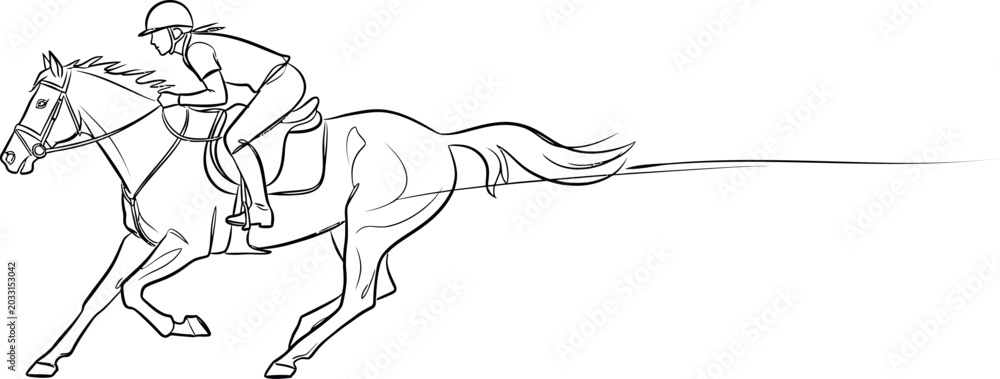 Fototapeta premium A minimalist line drawing depicts a jockey in full racing gear astride a powerful horse in mid-gallop isolated on transparent background