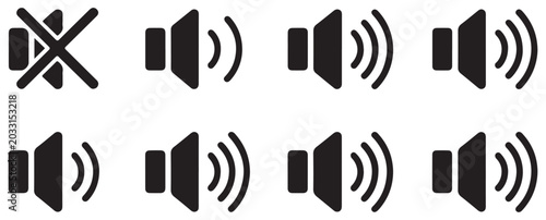 Sound and speaker icons, eight different variations on a transparent background.