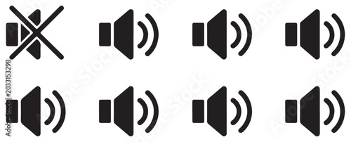 Fényképezés Set of eight speaker and sound icons on a transparent background for digital use