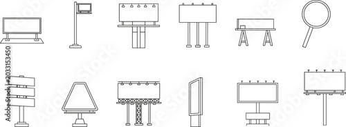 Billboard and signboard illustration collection featuring advertising structures, arrows, directional signs, magnifying glass, and outdoor design