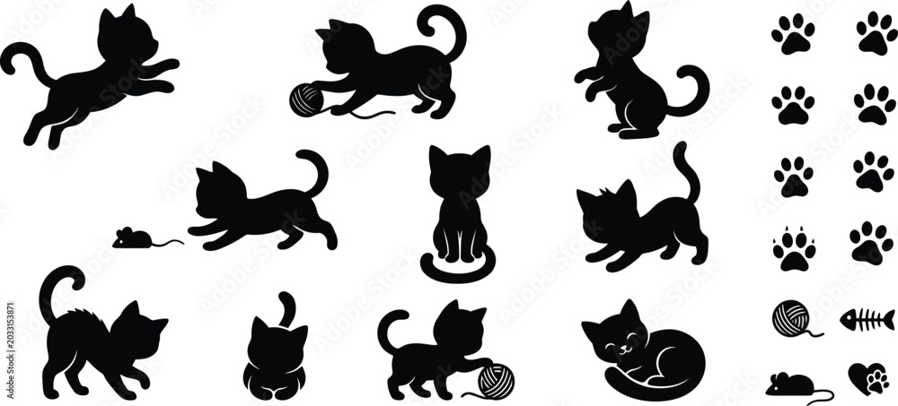 Obraz premium Cat Silhouettes And Paw Prints Black Vector Graphics On White Background