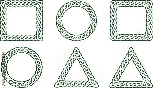 Fotografie Traditional green Celtic pattern elements set featuring interconnected rope knot