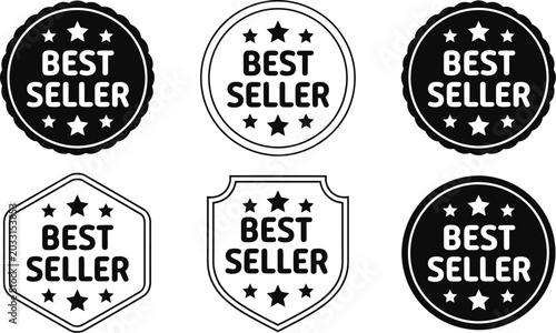 Best seller badge collection with premium quality circular shield and hexagon black and white sticker vector elements for product marketing