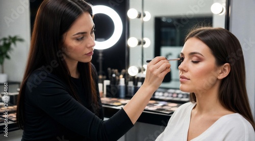Makeup artist applying eyeshadow to client