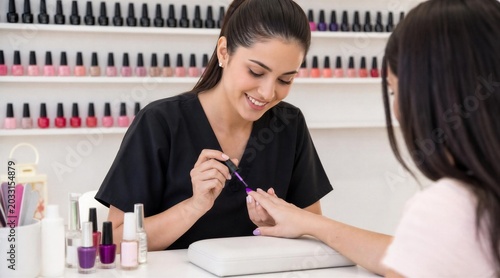 Manicurist applying nail polish to client