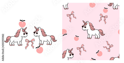 Cute unicorn peach and ribbon seamless pattern pastel pink fantasy background design.