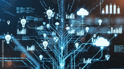 Abstract digital network with data visualization and light bulbs