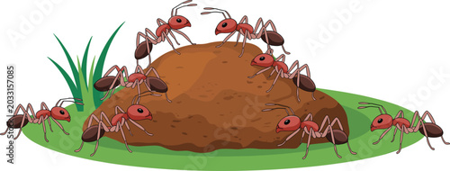 Foto Red ants colony around anthill in grass natural insect habitat cartoon vector il