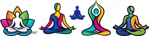 Four stylized figures meditating in various yoga poses a colorful vector illustration
