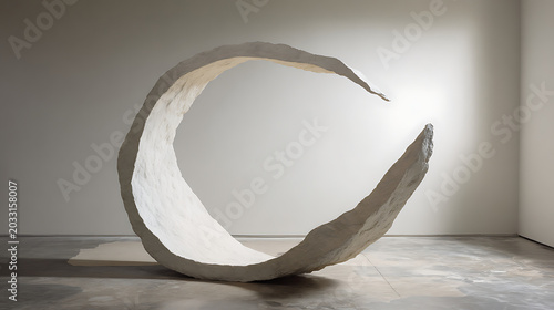 Large white minimalist organic sculpture in a clean modern art gallery with neutral lighting, offering ample copy space for interior design projects