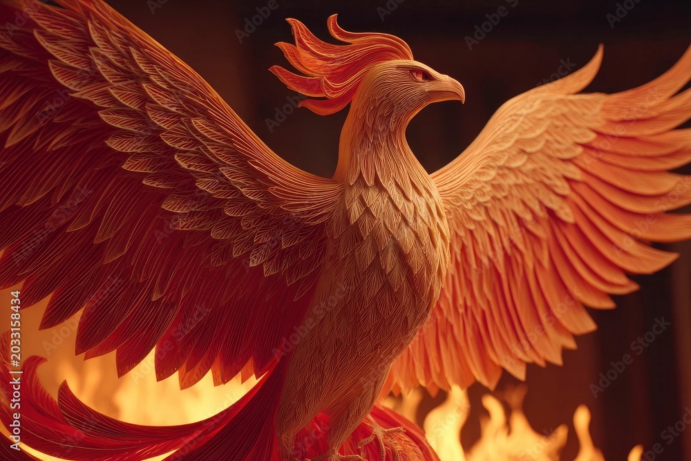 Fototapeta premium Detailed Paper Art of a Fiery Phoenix Rising with Feathered Wings
