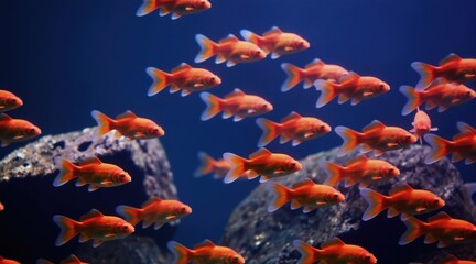 School of small orange goldfish swim in deep blue water near rocks. Many fish move together in underwater aquatic environment, flowing fins, vibrant scales.