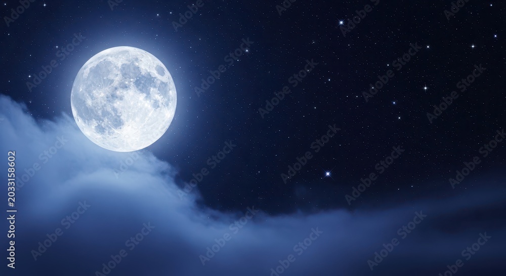 Fototapeta premium Full Moon Shining Brightly in a Starry Night Sky with Soft Blue Clouds and Cosmic Background