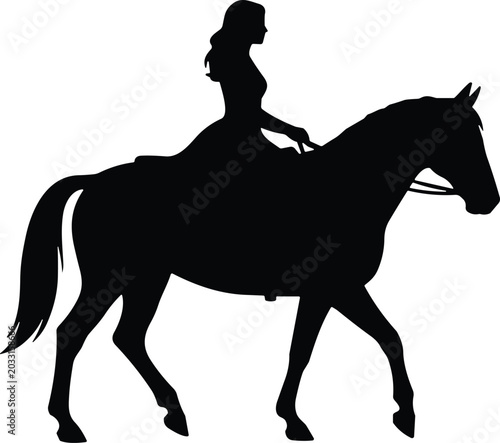 Fotografie Elegant Woman Riding Horse Silhouette in Graceful Equestrian Pose Isolated on Wh