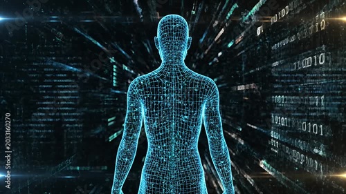 Digital human representation against binary code background