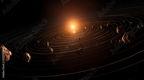 Cinematic 3D render of rocky asteroids orbiting a glowing sun in a vast galactic system, perfect for science and futuristic commercial themes