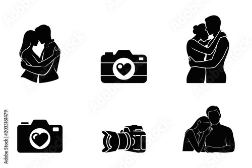Konstfotografi Romantic couple silhouettes and camera with heart symbols for wedding branding a
