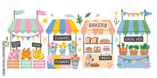 Local farmers market stalls vector illustration with fresh fruit flowers bakery and vegetables art.