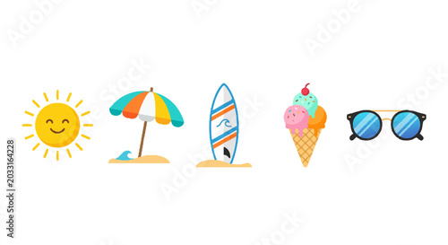 Summer Beach Vacation Flat Illustration Umbrella Ice Cream Surfboard Tropical Vector