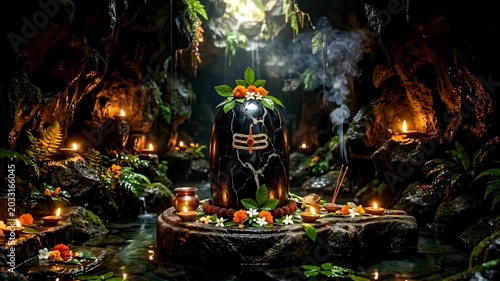 A black marble shiva linga decorated with marigold flowers and tripundra is worshipped inside a dark cave, illuminated by lit oil lamps and rising incense smoke near a gentle stream.