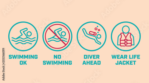 Water Safety Icon Set with Swimming OK, No Swimming, Diver Ahead, and Wear Life Jacket