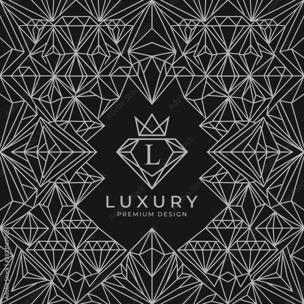 Fototapeta premium Luxury branding emblem with diamond pattern and metallic text on dark geometric background