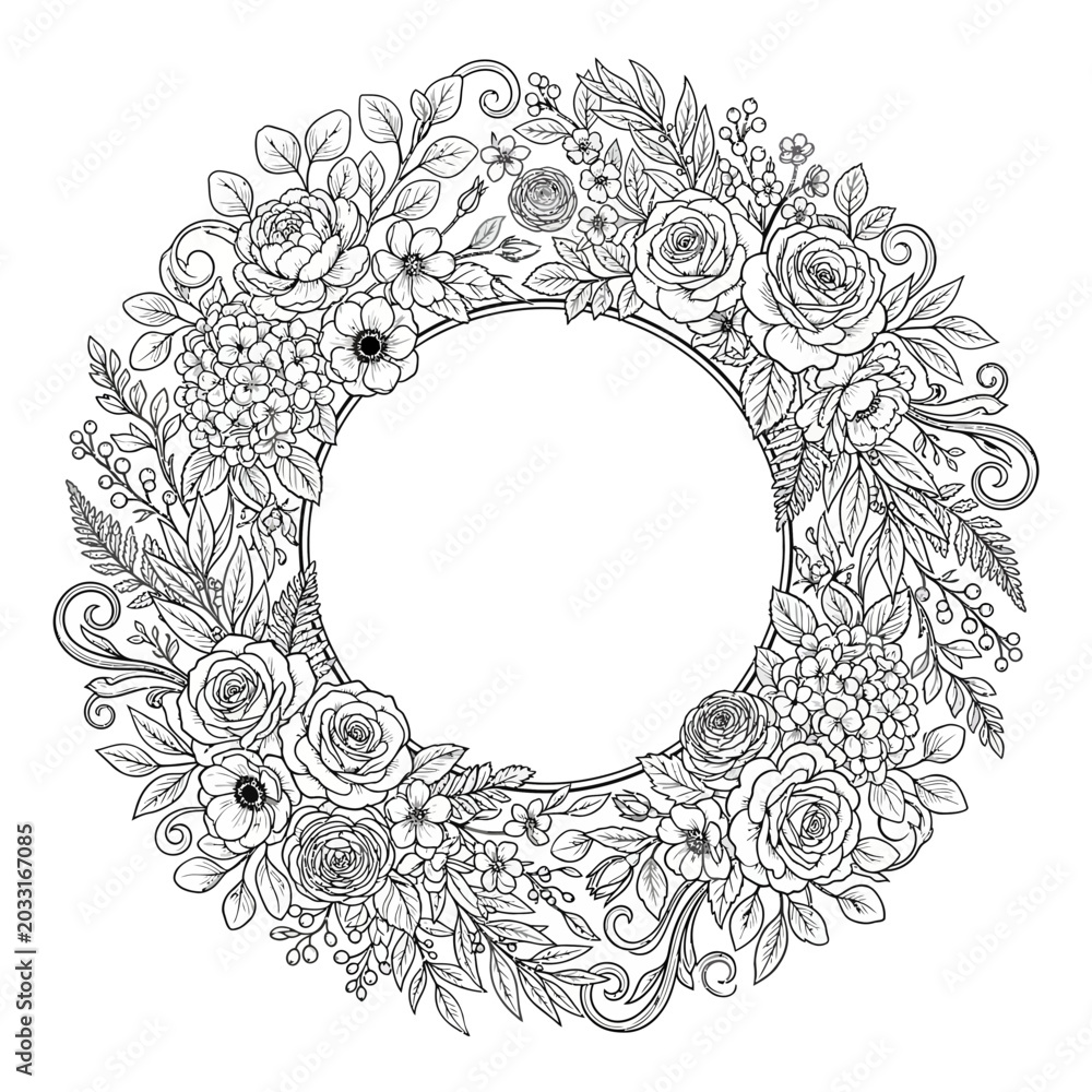 Obraz premium Floral Wreath Design with Black and White Flowers and Leaves