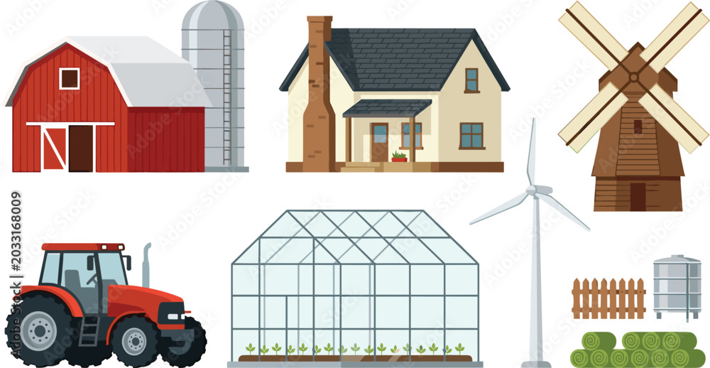 Obraz premium Agriculture and Farming Construction Vector Set Featuring Red Barn Silo Farmhouse Wooden Windmill Greenhouse Red Tractor and Renewable Wind Turbine Elements