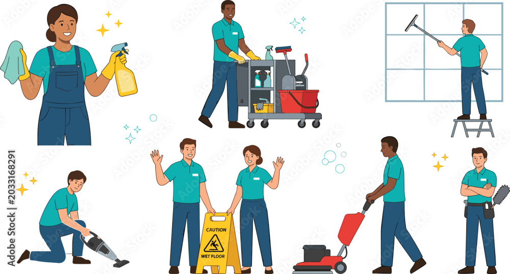 Fototapeta premium Professional Cleaning Service Staff Vector Set Featuring Janitors Washing Windows Polishing Floors Vacuuming and Using Disinfectant Sprays for Commercial Maintenance