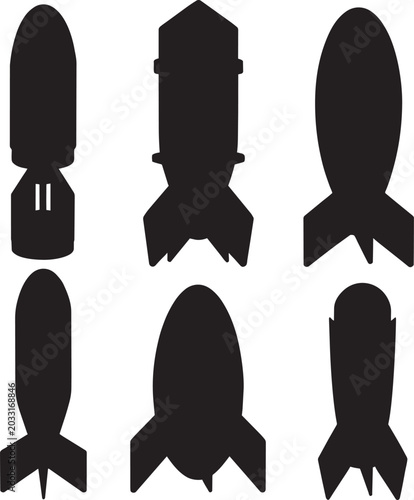 Missile Bomb Silhouettes Vector Set Military Warheads Ballistic Weapons Black Illustration