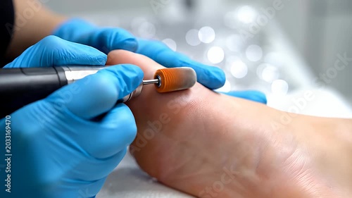 Pedicure treatment with electric device and blue gloves closeup