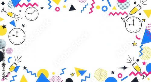 New year party frame with clocks champagne and festive elements on white background.