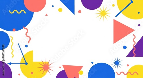Fun colorful geometric pattern background with stars and circles in bright minimalist style.