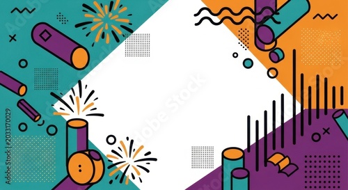Modern memphis style geometric background with firework bursts and cylinder shapes over teal.