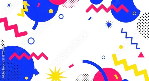 Colorful memphis style frame with abstract geometric shapes and patterns on white surface.