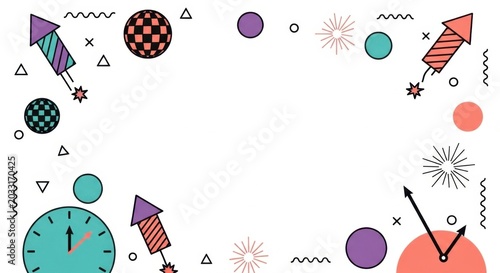 New year eve celebration frame with rockets and clocks in minimalist colorful doodle design.