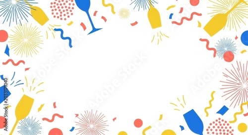 Abstract festive background with fireworks champagne flutes and colorful confetti elements.