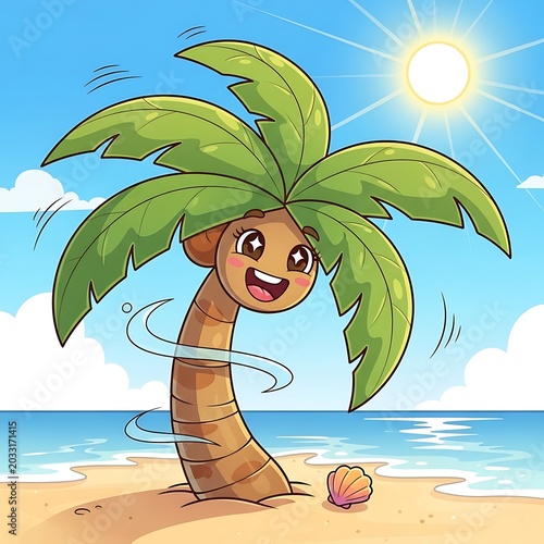 Smiling cartoon palm tree enjoying a sunny day at the beach