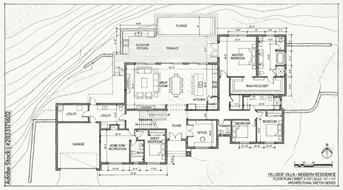 Bild auf Leinwand Detailed architectural floor plan for a hillside villa residence