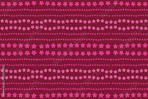 Vibrant pink sakura cherry blossom seamless stripe pattern, elegant floral geometric lines on deep burgundy red textured background for luxury oriental fashion textile and greeting card