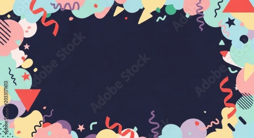 Colorful party celebration border with paper confetti and abstract shapes on dark background.